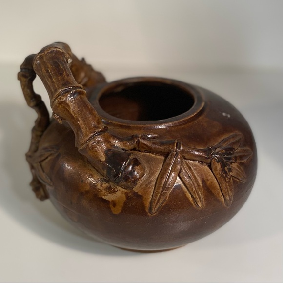 Antique Chinese Shiwan Bamboo Handle Stoneware Pot Signed
